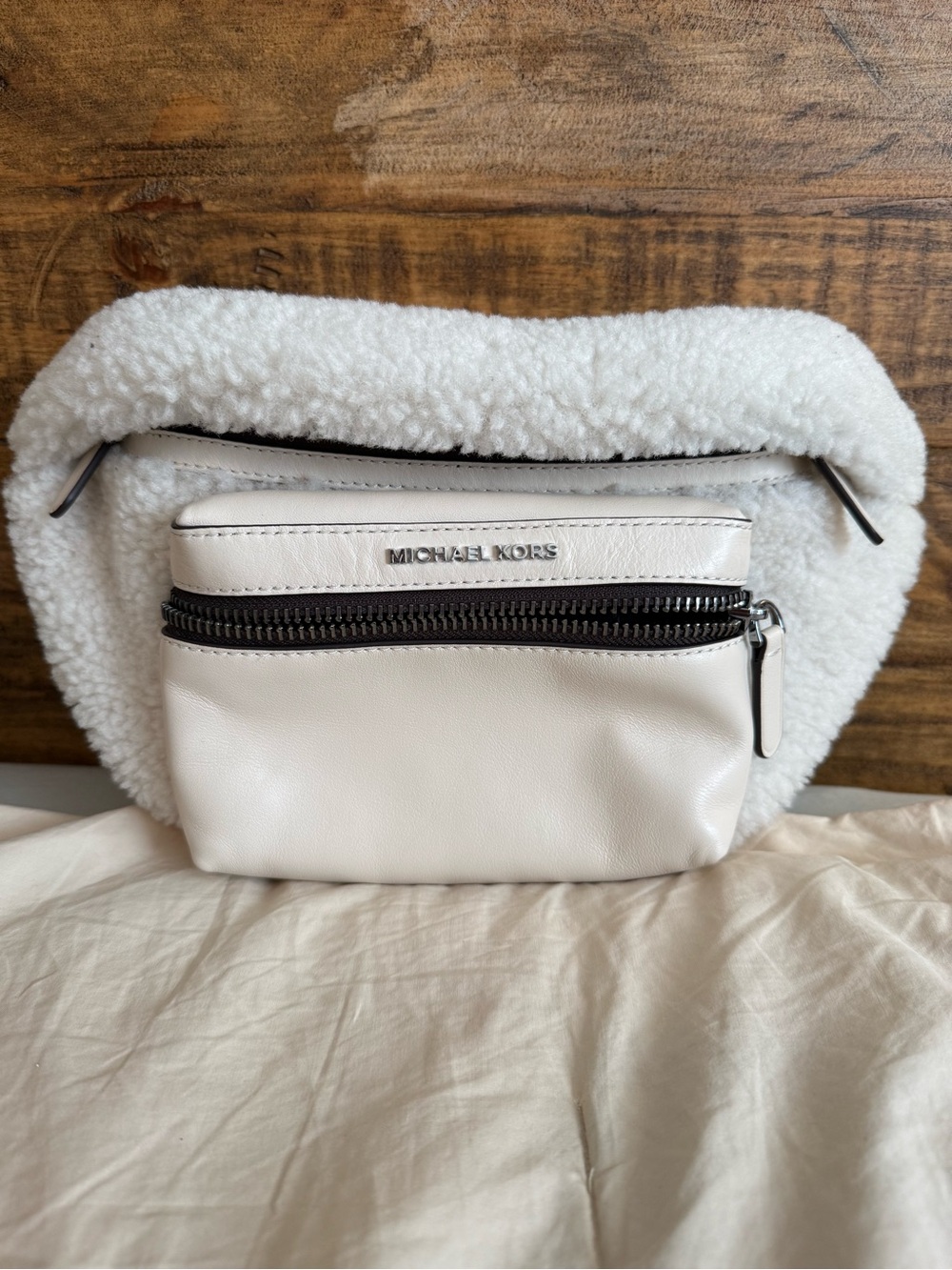 Michael Kors White Sherpa & Leather Belt Bag - Picture 2 of 6